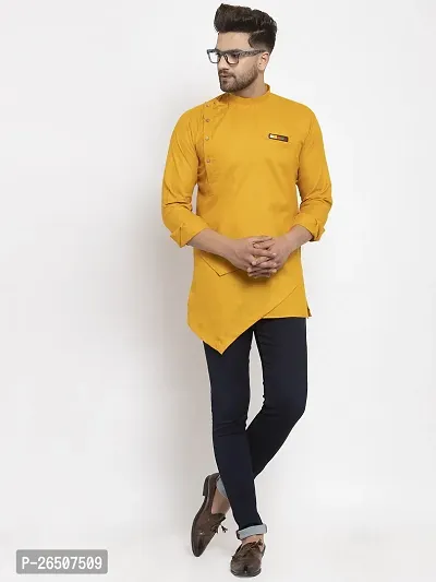 Reliable Yellow Cotton Blend Solid Short Length Kurta For Men-thumb4