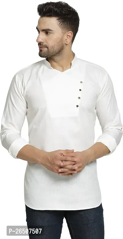 Reliable White Cotton Blend Solid Hip Length Kurta For Men