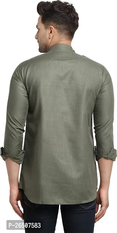 Reliable Olive Cotton Blend Solid Hip Length Kurta For Men-thumb2