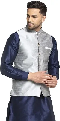 Reliable Silver Silk Solid Nehru Jacket For Men-thumb2