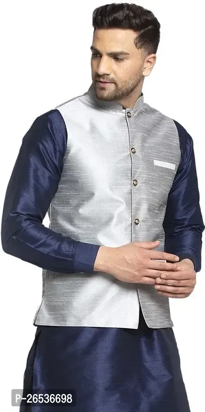 Reliable Silver Silk Solid Nehru Jacket For Men-thumb3