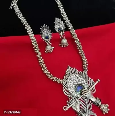 Women Krishna Murli Style Jewellery Krishna Flute Peacock Feather Pendant Necklace With Jhumki Jewellery Set, Silver