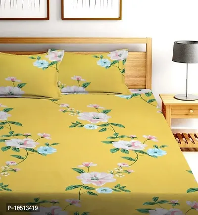 Amrange 140 GSM Glace Cotton King Size Elastic Fitted Bedsheet with Two Pillow Cover,72x78+8 (Drop) Inches, Yellow (72X78X8, Yellow)-thumb2