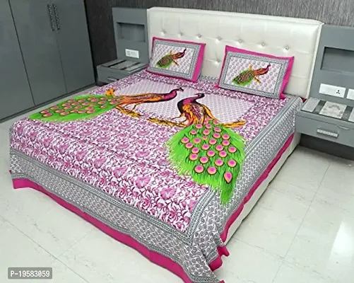 ZAINHOME Cotton King Size Rajasthani Bedsheet with 2 Pillow Covers, Pink Peacock-thumb0