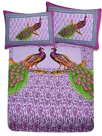 ZAINHOME Cotton King Size Rajasthani Bedsheet with 2 Pillow Covers, Pink Peacock-thumb1