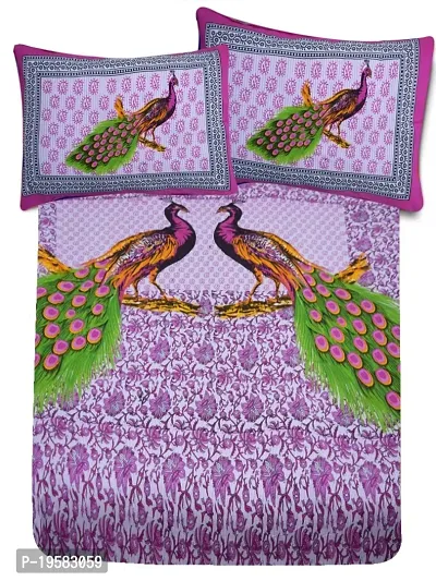 ZAINHOME Cotton King Size Rajasthani Bedsheet with 2 Pillow Covers, Pink Peacock-thumb2