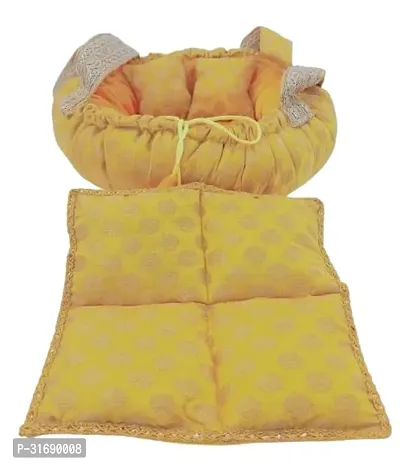 Laddu Gopal Luxury Comfortable Bed Singhasan Jhula Bistar Razai Gadda Bedding Set Krishna Thakurji Bal Gopal Kanha Ji Round Shape Reversible Bed with 2 Pillows and 1 Quilt for 0 to 6 Yellow