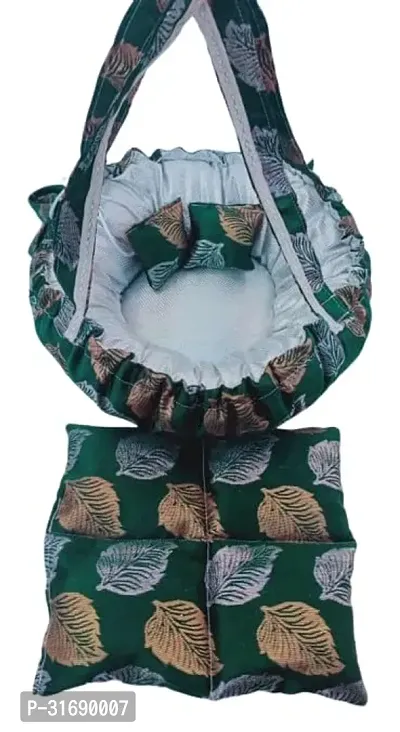 Laddu Gopal Luxury Comfortable Bed Singhasan Jhula Bistar Razai Gadda Bedding Set Krishna Thakurji Bal Gopal Kanha Ji Round Shape Reversible Bed with 2 Pillows and 1 Quilt for 0 to 6 Green