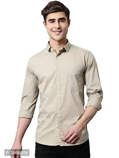 Trendy Beige Cotton Blend Long Sleeves Regular Fit Solid Casual Shirt For Men