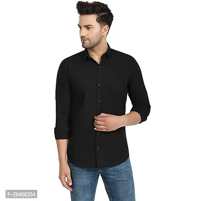 Trendy Black Cotton Blend Long Sleeves Regular Fit Solid Casual Shirt For Men-thumb0