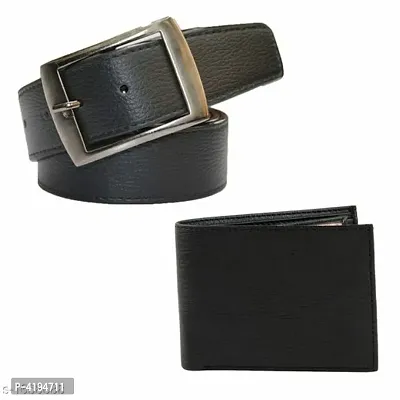 Men Casual Black Synthetic Leather Belt  Wallet  Combo