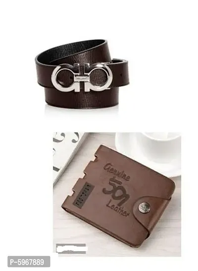 Men Casual Brown Pu Leather Belt And Stylish Wallet Combo-thumb0