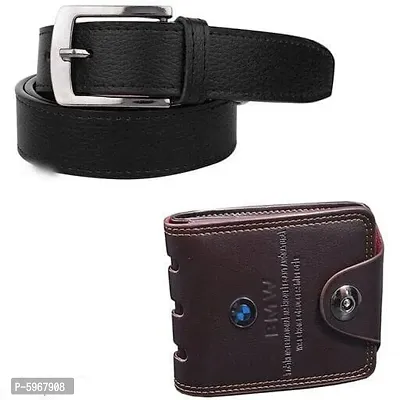 Men Casual Black Synthetic Leather Belt Bmw Wallet combo-thumb0