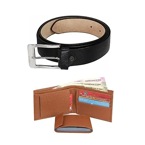 Classy Faux Leather Two Fold Wallet with Belt Set