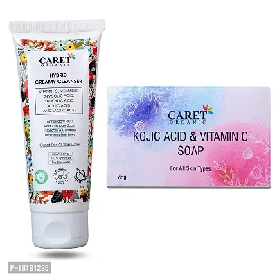 Caret Organic Hybrid Creamy Vitamin C Face Wash ( 100ml )  Kojic Acid, Vitamin C Skin Lightening Soap ( 75g ) ( Pack of 2 )