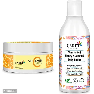 Caret Organic Vitamin C Nourishing Cream (100g) AND Honey  Almond Nourishing Body Lotion (250ml) - Vegan  Paraben Free, No Mineral Oil |