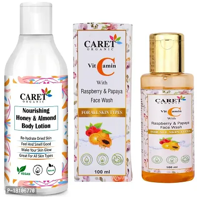 Caret Organic Honey  Almond Nourishing Body Lotion (250ml) AND Vitamin C Papaya Facewash (100ml)- Vegan  Pararben Free