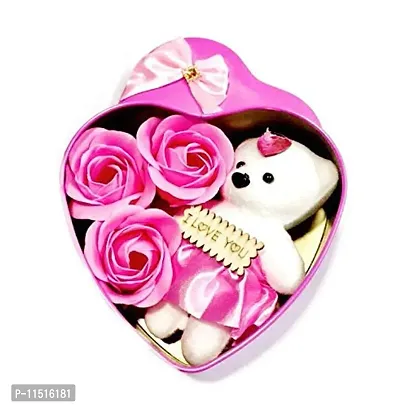 Trending Trunks Heart Shaped Valentine Gift Box with Cute Teddy Bear and Roses Gift for Valentines Day Ideal for Girlfriend Boyfriend Wife Husband (Assorted Colors)