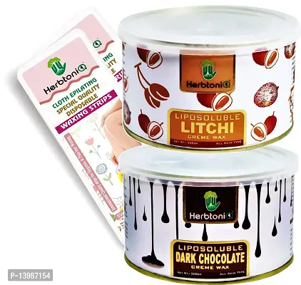 HerbtoniQ Liposoluble Litchi And Dark Chocolate Creme Body Wax 300g Each With 100pcs Medium Size (9x3 Inch) Wax Strips