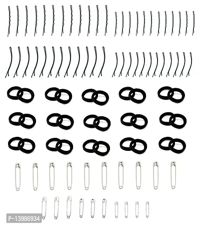 Out Of Box Super Combo Of 24 Bob Pin 24 Side Pin 10 Piece Big Safety Pin 10 Piece Mixed Size Safety Pins And 30 Piece Black Ribbed Elastic Wide Ponytail Holder Hair Rubber Band