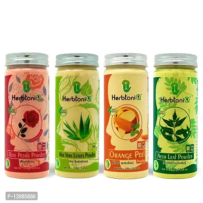 HerbtoniQ 100% Natural Rose Petals Powder 150g, Aloevera Leaves Powder 150g, Orange Peel Powder 150g, Neem Leaf Powder 150g For Face Pack And Hair Pack (Set Of 4, 150x4 = 600g)