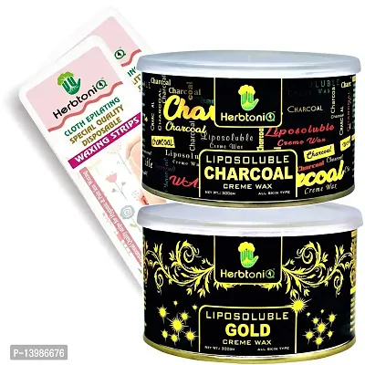 HerbtoniQ Liposoluble Charcoal And Gold Creme Body Wax 300g Each With 100pcs Medium Size (9x3 Inch) Wax Strips