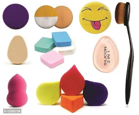 OUT OF BOX 2 In 1 Round Cushion Emoji Oval Silicone Puff Beauty Blender Brush with 2 Grip Round Puff, 8 Sponge for Foundation, Concealer - Combo of 16