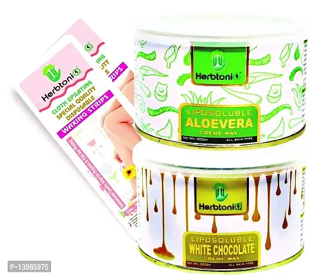 HerbtoniQ Liposoluble Aloevera And white Chocolate Creme Wax 300g Each With 100pcs Medium Size (9x3 Inch) Wax Strips