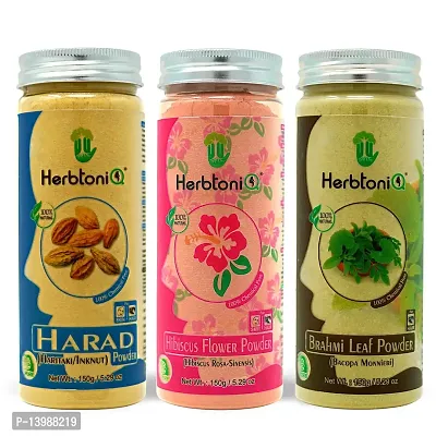 HerbtoniQ 100% Natural Harad, Hibiscus and Brahmi Powder for Dandruff, Frizzy Hair, Damaged Hair, Intensive Hair Care Pack (450 Gram)