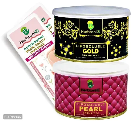 HerbtoniQ Liposoluble Gold And Pearl Creme Body Wax 300g Each With 100pcs Medium Size (9x3 Inch) Wax Strips-thumb0