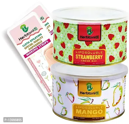 HerbtoniQ Liposoluble Strawberry And Mango Creme Body Wax 300g Each With 100pcs Medium Size (9x3 Inch) Wax Strips