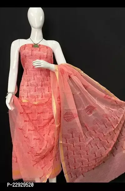 Elegant Peach Cotton Printed Dress Material with Dupatta For Women (Without Bottom)