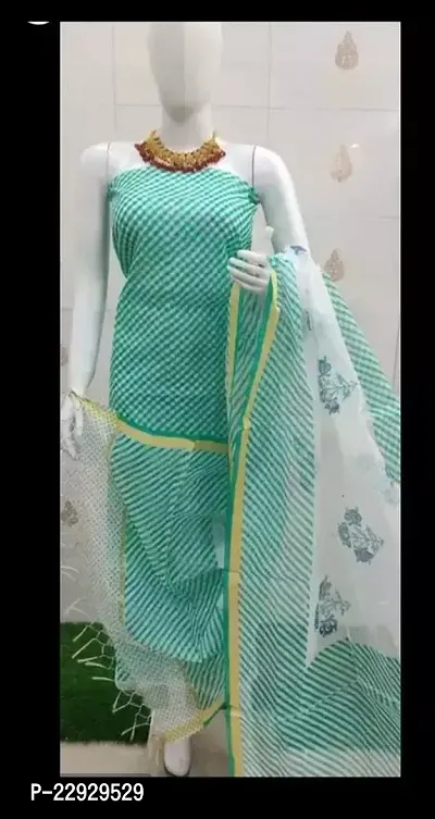 Elegant Green Cotton Printed Dress Material with Dupatta For Women (Without Bottom)-thumb0