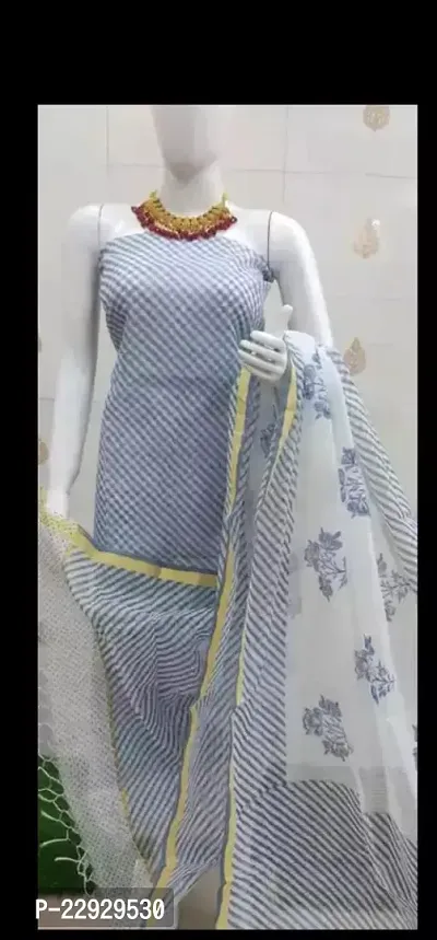 Elegant Grey Cotton Printed Dress Material with Dupatta For Women (Without Bottom)