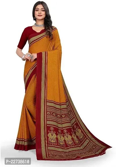 Beautiful Yellow Crepe  Self Pattern Saree with Blouse Piece For Women