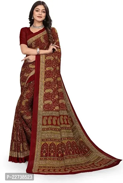Beautiful Maroon Crepe  Self Pattern Saree with Blouse Piece For Women