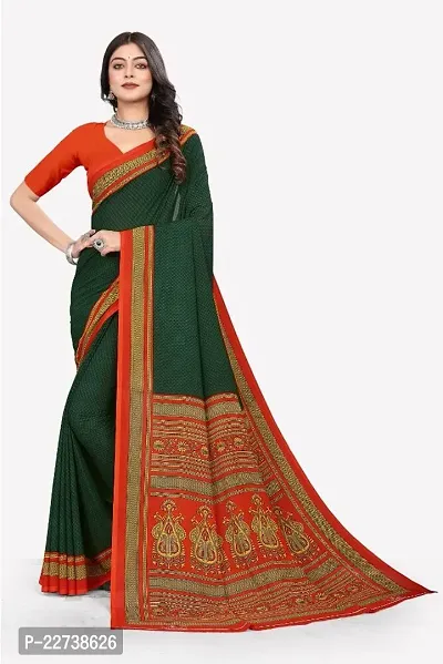 Beautiful Green Crepe  Self Pattern Saree with Blouse Piece For Women