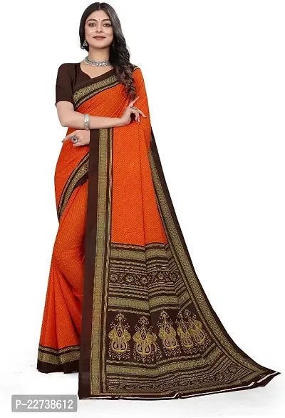Beautiful Orange Crepe  Self Pattern Saree with Blouse Piece For Women