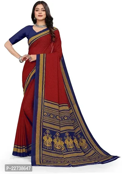 Beautiful Red Crepe  Self Pattern Saree with Blouse Piece For Women
