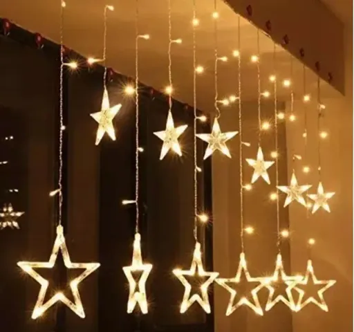 12 Stars Curtain String Lights Window Curtain Hanging Light with 8 Flashing Modes Decoration for Diwali Christmas Wedding Party Home Patio Lawn Warm White