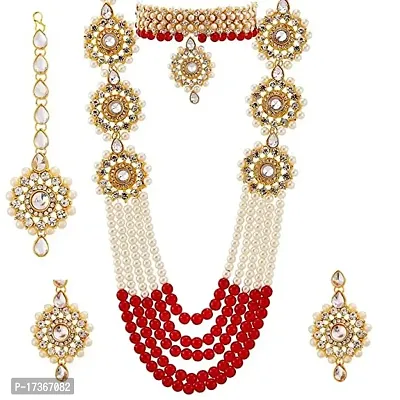 SAANJH Women Gold Plated Bridal Long Necklace with paired Earring and Maang Tikka for Womens and Girls