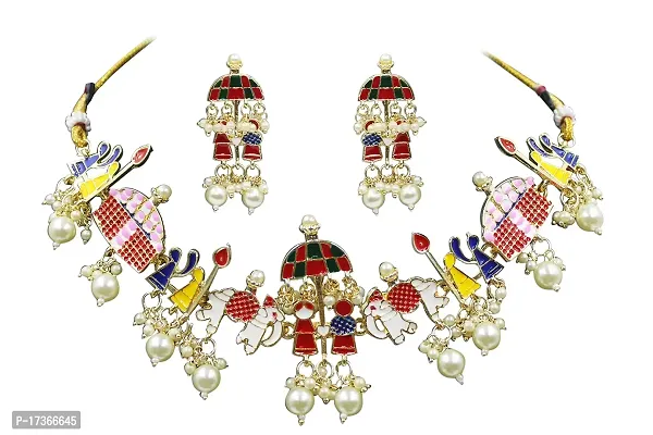 SAANJH Meeanakri Enamel Baraati Necklace Set with Earring and Ring for Women and Girls