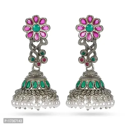 SAANJH HOMES Jewellery Antique Silver Tone Pink  Green Stones With Kundan Ethnic Jhumki/Jhumka for Women  Girls
