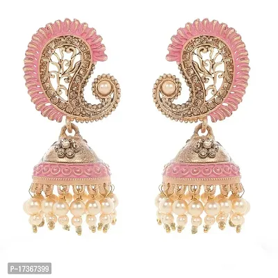 SAANJH Mint Meenakari Gold Plated Earring for Women and Girls (Baby Pink Floral Jhumki)