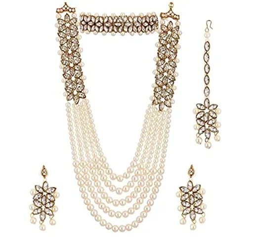 SAANJH Sets for Women Plated Bridal Long Necklace Set Neck Choker with Earrings and Maang Tikka for Women Girls