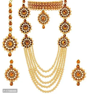 SAANJH Trending Gold Crystal and Pearled Necklace Chokar Set With Maang Tikka and Earring for women and Girls