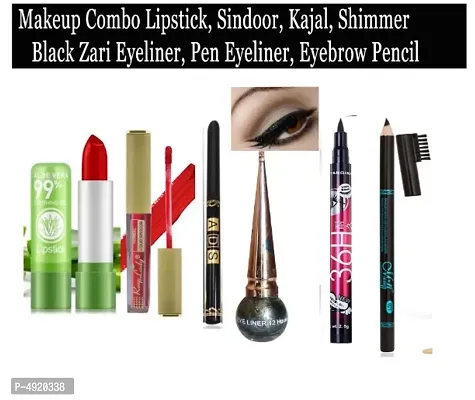 Makeup Combo Lipstick, Sindoor, Kajal, Shimmer Black Zari Eyeliner, Pen Eyeliner, Eyebrow Pencil-thumb0