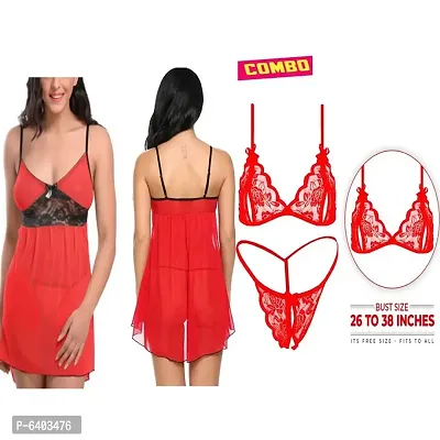 Trendy Stylish Sexy Red Color Women Baby Doll Night Dress and Bra Panty Lingerie Set Free Size (28 to 36 inch)