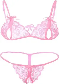 Soft Latest Fancy Lace Pink Bra and Panty Lingerie Set Free Size (28 to 36 inch)-thumb1