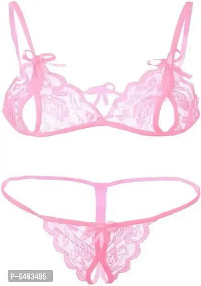 Soft Latest Fancy Lace Pink Bra and Panty Lingerie Set Free Size (28 to 36 inch)-thumb2
